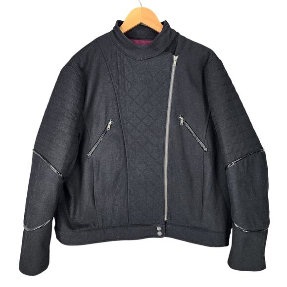 ASOS Quilted Moto Jacket 14 Women Black Bomber Wool Faux Leather Trim Biker READ - Picture 1 of 15